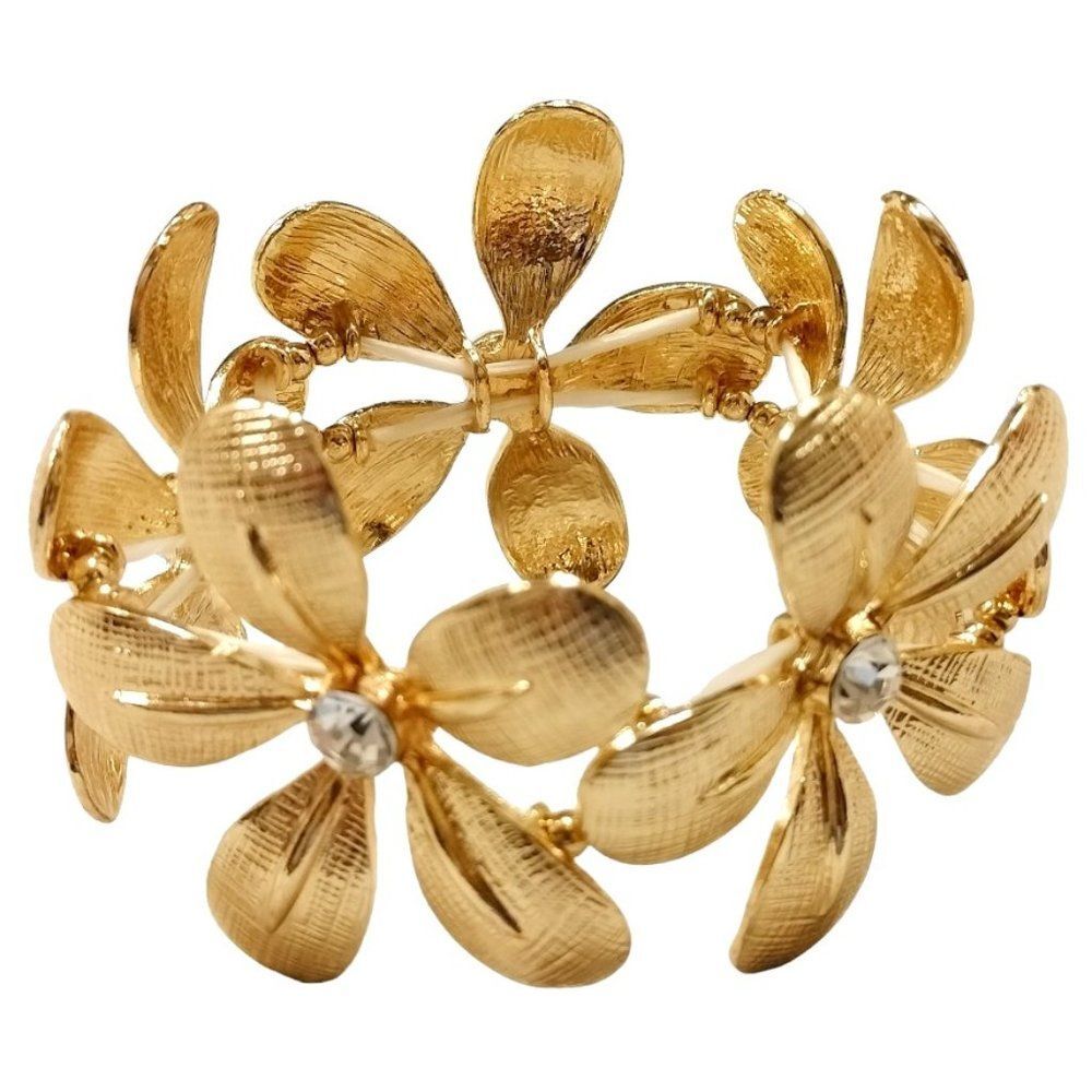 Bijoux Gold Tone Brass Sculpted Flower Diamond Cut Crystal Stretch Bracelet